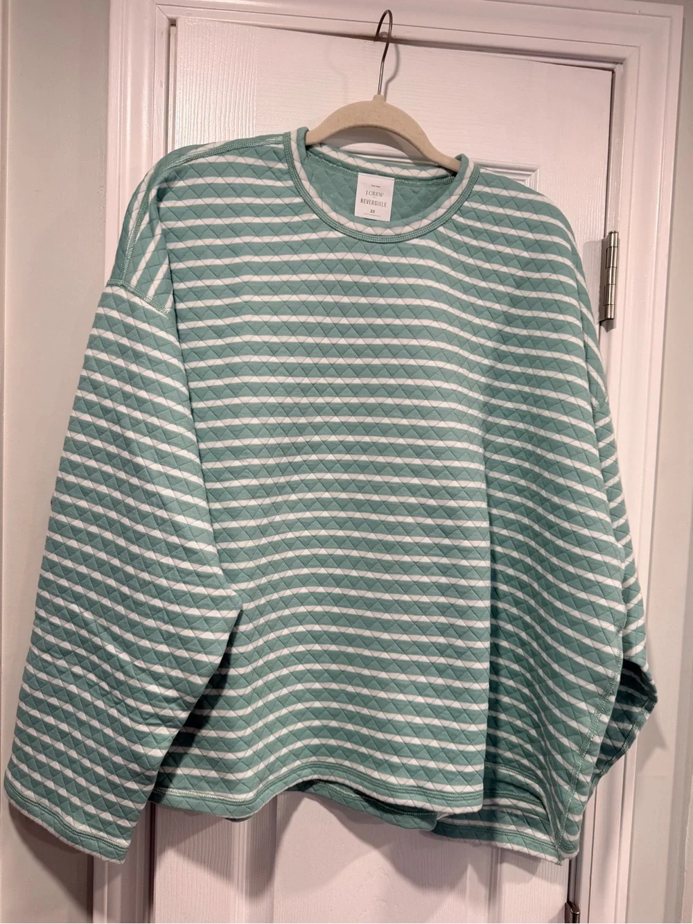 NWOT J. Crew Size 2X Mint Green Cream Reversible Quilted Striped Crew Sweatshirt